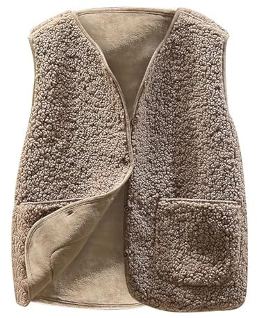 Vinuwu Weste Damen Ärmellose Fleeceweste Damen Einfarbig V-Ausschnitt Knöpfen Teddy Weste Damen Fell Weste Kurz Plüschweste Damen Weste (DE/NL/SE/PL, Alphanumerisch, XXL, Regular, Regular, Khaki)
