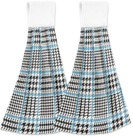 Amooorous Blaue und schwarze karierte Handtücher mit Aufhängeschlaufen Set mit 2 Handtüchern für Küche dekorative weiße Geschirrtücher