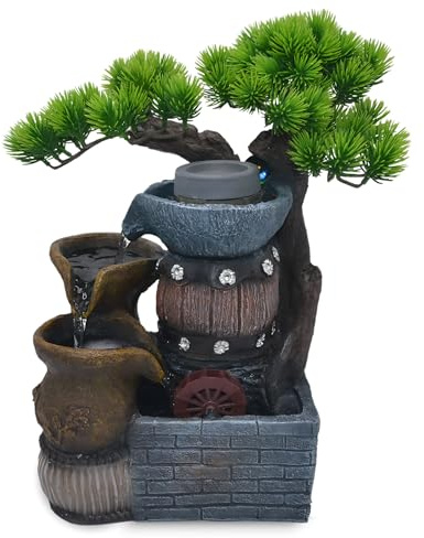 Fuente de agua de mesa de 14.5 pulgadas con árbol bonsái, 3 macetas en cascada, elegante jardín de rocas de 3 niveles, regalo de meditación sereno con sonidos de cascada para el hogar/oficina
