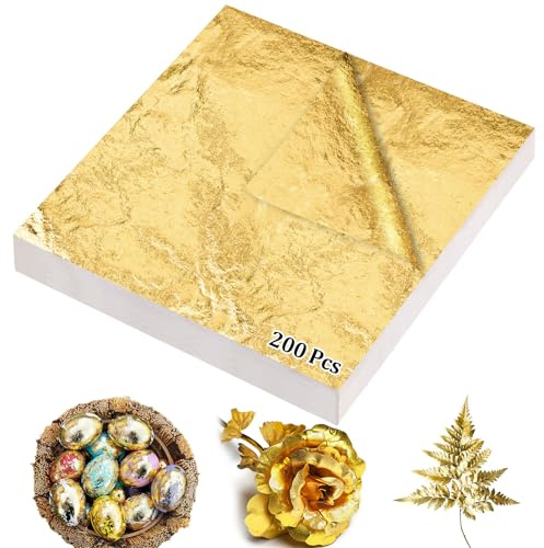 200 fogli di foglia d'oro per arte, fogli di lamina d'oro imitazione, 14 x 14 cm, carta per artigianato, pittura, doratura, progetti artistici fai da te e decorazioni