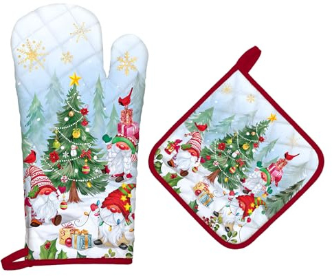 Arquiel Christmas Winter Gnomes Oven Mitts and Pot Holders Sets 2Pcs, 100% Cotton Heat Resistant, Extra Long Oven Gloves Potholder for Kitchen Cooking Baking Decoration