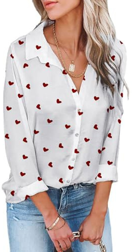 PZUYBZQ Camicia Da Donna Con Bottoni, Camicetta Con Scollo A V E Stampa A Cuore, Camicie Casual A Maniche Lunghe Con Ricamo Labbra Rosse(White Heart,M)