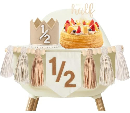 Birthday Boy Half Birthday Decorations High Chair Banner, 6 Month Tassel Wood Bead Highchair Garland Blue (Kahaki)