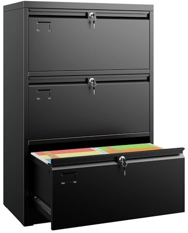 SUXXAN 3 Drawer File Cabinet, Lateral Filing Cabinet with 3 Locks for Home Office, Black File Cabinets with Business Card Holder for Letter/Legal/F4/A4 Hanging Files