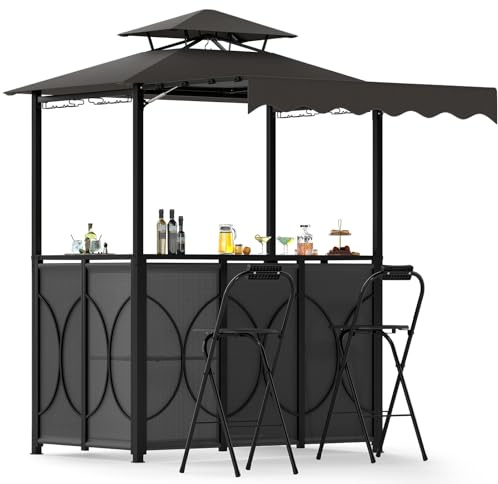 HOMASIS Gazebo per Barbecue con Banco da Bar e 2 Sgabelli, Gazebo Esterno Resistente con Doppio Tetto, Pergolato Resistente alla Pioggia e al Fuoco (Grigio, con tenda laterale, 193 x 117 x 240 cm)