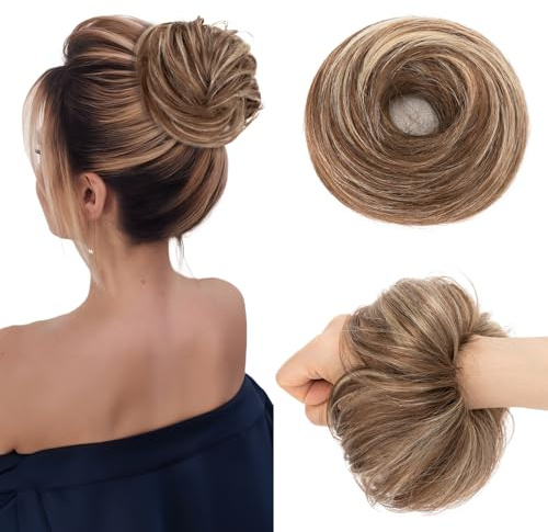 MY-LADY Moño Postizo de Pelo Natural, #4P613 Marron Chocolat/Rubio Moños Postizos Elástico Liso para Mujer Ligero(25g)