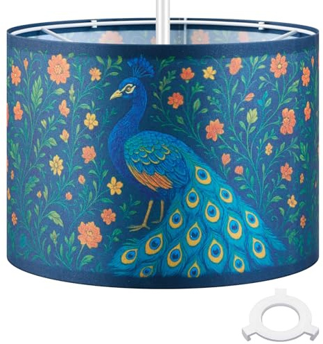 Weewooday Round Drum Lamp Shade for Ceiling Peacock Pattern with E27 to E14 Adapter Ring Modern Pendant Table Light Shade for Living Rooms, Bedroom, Hallways, Reading Room