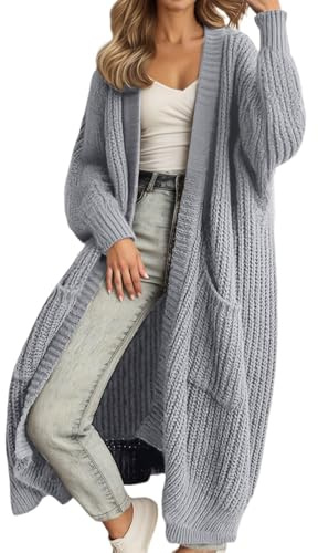 Generisk kofta dam lång grovstickad jacka cardigan oversize vinter koftor stickad rock elegant lång kofta med fickor öppen front tröja kofta lång dam, A04 ljusgrå, L