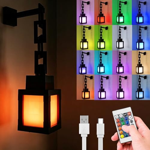 Pixelated Lantern Luz Nocturna,Lámpara de Linterna Pixelada,Luz Nocturna de Pared Portátil,16 Colores con Control Remoto y Función de Atenuación,para Habitaciones,Decoración De Salas De Juegos