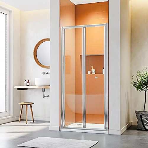 ELEGANT 900x800mm Bifold Shower Enclosure Folding Glass Shower Cubicle Door with Shower Tray Set in Aluminium Frame with 40mm Wall Adjustment