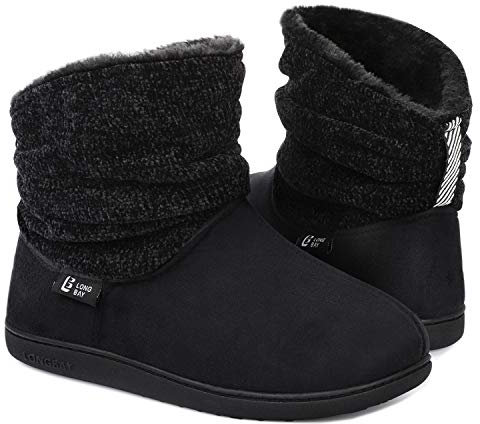LongBay Damen Hausschuhe Warme Chenille Strick Booties Weiches Suedette Fluffy Kunstfell Memory Foam