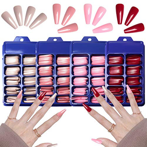 SIUSIO 400 Stück Bunte Sargnägel Full Cover Press on Reine Farbe Ballett Acryl Kunstnägel mit Etui Extra lange Ballerina Kunstnägel Kunstspitzen für Frauen und Mädchen Nail Art Dekoration (Pink)