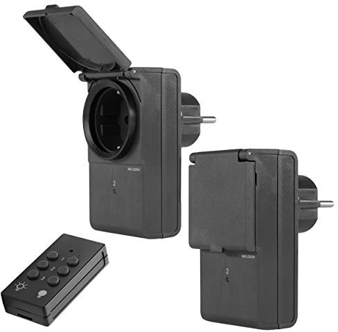 REV Funksteckdosen, 2x Funksteckdosen mit Fernbedienung. Funkschalter bis 25m, 2300W/St. IP44, schwarz