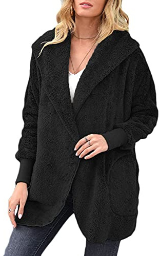 GUOCU Donna Felpe Cappuccio Autunno Inverno Oversize Maniche Lunghe Tinta Unita Morbido Confortevole Cappotto Tenere Caldo Cardigan Anteriore Aperto Peluche Capispalla con Tasche,Nero,M