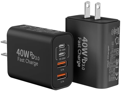 USB C Fast Charger Block,40W 4Port iPhone 17 Type C Charger Fast Charging Block PD Power Adapter+QC 3.0 USB A Wall Charger Plug Type C Brick for iPhone 17/16/15/14/13 Pro Max/iPhone Air, Samsung,2Pack