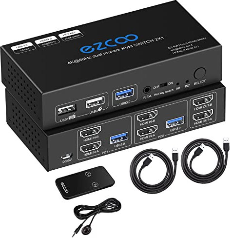 HDMI KVM Switch Dual Monitor 4K 60Hz USB 3.0 2 Ports with Hotkey 18Gbps HDCP2.3 2x HDMI Extended Display Share 2 PC with one Keyboard Mous HDR D-olby Vision VRR IR Remote Control