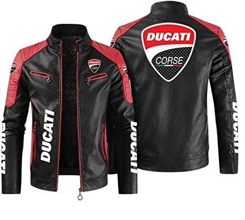BOMMEL Herren PU Motorradjacke Reitbekleidung Für DUCATI Druck Bikerjacke Winter Lederjacke Winddichte Mäntel Stehkragen Dicker Warme Jacke - Geschenke Für Teenager,B,4XL