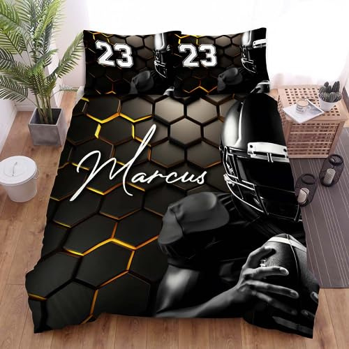 Personalized Bedding Twin Custom Name, Comforter King Size, Boys Twin Bed Sets 3 Pcs, Boys Sports Comfoter (Football Player 3D Black 1)