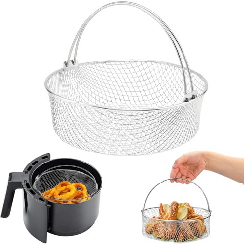 Air Fryer Basket, 8Qt Air Fryer Replacement Accessory Mesh Basket with Handle, 18/8 Round Stainles Steel Steamer Basket for Air Fryer, Instant Pot, Oven, Steamer Basket, Household Frying Food Basket