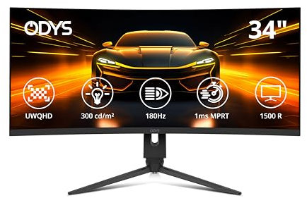 ODYS XP34 PRO-X Curved Gaming Monitor – 34 Zoll (86 cm) UWQHD (3440x1440), 180 Hz (DP), 1ms Reaktionszeit (MPRT),125% sRGB, HDR10, FreeSync/G-Sync komp., 1500R, Pip/PBP, 2X HDMI 2.1, 2X DisplayPort