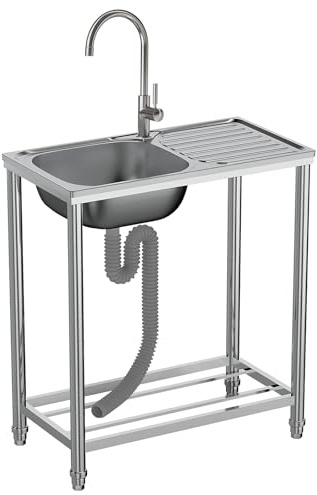 Utomhus handfat i rostfritt stål, handfat, stående handfat, trädgårdshandfat, kökshandfat med kran för verkstad, restaurang, pentry, camping, 75 cm