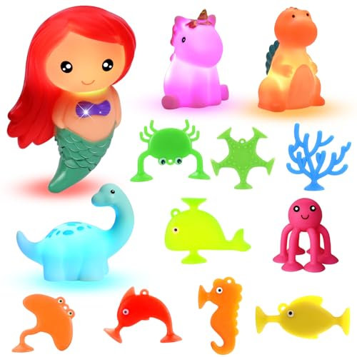 Badespielzeug Baby, 9 Stück Saugnapf Spielzeug Baby Stressabbau Silikon Bausteine Spielzeug, 4 Stück leuchtende Badespielzeuge Kleinkind blinkende Bunte LED-Badewanne Meerjungfrau Spielzeug