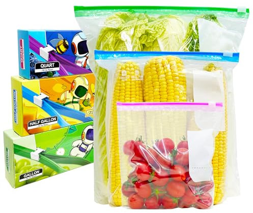 VAKOWOO 70 Pcs Food Storage Freezer Bags, Zip Lock Bags, Reusable Ziplock Sandwich Bag with Expandable Bottom, Heavy Duty Zip Seal Food Bag for Fruits, Vegetables, Meat, Grains, Snacks