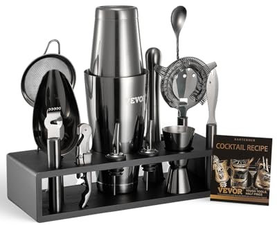 VEVOR Ensemble Shaker à Cocktail, 13 pcs, Accessoire pour Barman Boston en Acier INOX avec Support en Bambou, cuillère à mélanger, doseur, passoire, verseur, cuillère à Glace, zesteur de Citron, Noir
