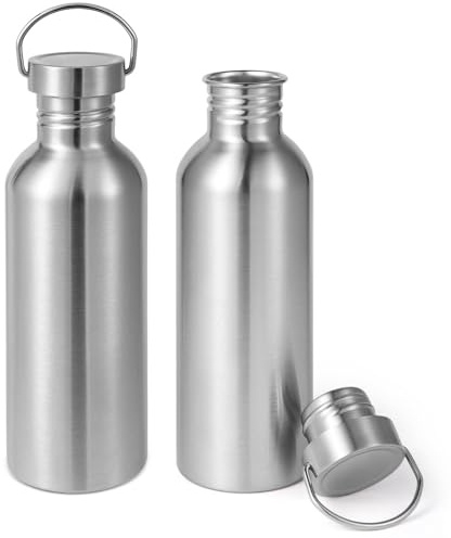 Volhoply 1000ml Uninsulated Single Walled Water Bottle 2 Pack, Stainless Steel Reusable Water Bottles with Handle, BPA Free & Plastic Free 18/8 304 Metal Water Bottles for Camping, Hikers, Cyclists