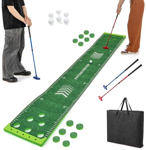 COSTWAY Putting Green, Set Gioco Golf Pong con 2 Putter Regolabili, 6 Palline e 12 Copri Buchi, Tappetino da Golf per Fester, Giardino e Casa, 332 cm x 50 cm