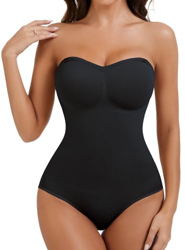 Miguofan Strapless Shapewear Bodysuit for Women With Built In Bra Seamless Tummy Control Tube Top Body Suit Body Shaper, Black, Large
