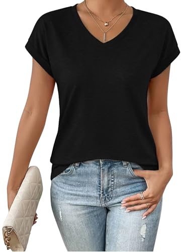 Demegimi T Shirt Femme Col V Manches Courtes Basique Leger Haut Ample Ete | Top Femme Chic - Blouse Ete - Loisirs Plage Maison Bureau - Tissu Doux Respirant - Printemps Ete Femme S-XXL