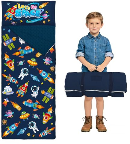 Sacco a Pelo per Bambini con Cuscino e Doppia Cerniera, 150x60 cm Nap Mat per Bambini, Ideale per Casa, Asilo, Scuola Materna e Campeggio, Astronauta razzo