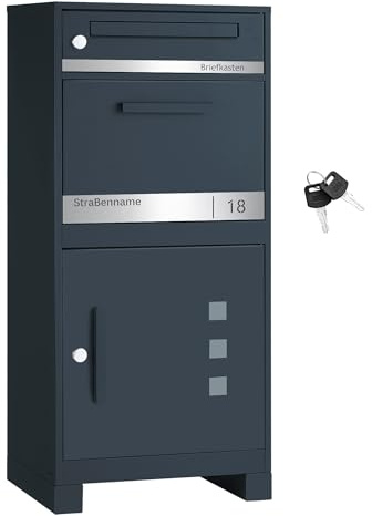 SONGMICS Paketbox, Paketbriefkasten, Briefkasten mit Paketfach, personalisiert, Paketkasten XXL, für Briefe, Pakete, Schloss mit Abdeckung, 2 Schlüssel, Stahl, anthrazit GMB091GZ01-01