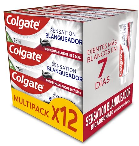 Colgate - Pasta de dientes Advanced White con Bicarbonato y Ceniza Volcánica, Pack 12 x 75 ml, Dientes más blancos en 7 días, clínicamente probada para eliminar las manchas superficiales