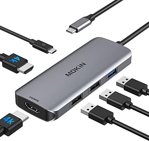 MOKiN Adaptateur USB C vers HDMI, hub USB C vers Dual HDMI, 6 en 1 Thunderbolt 3 vers HDMI avec 2 Ports HDMI 4K,3 Ports USB, Port d'alimentation Type C Compatible pour MacBook, et Plus Encore.