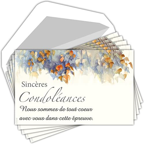 C5268 Sincères Condoléances Lot 5 Cartes identiques + 5 Enveloppes Blanches Format 9x14cm - Texte Epreuve Décès Obsèques Funérailles Deuil Feuilles - Fabriquées en France
