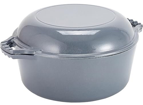 Bruntmor 2-in-1 Enamel Cast Iron Dutch Oven With Handles - Crock Pot Grey Cast Iron pot with Skillet lid - All-in-One Cookware Braising Pan for Casserole Dish - 7 Quart, Grey