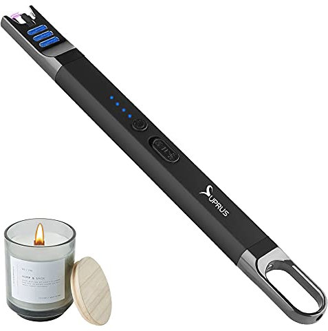 SUPRUS Briquet à arc électrique coupe-vent sans flamme rechargeable via USB avec lumière LED pour bougie, camping, barbecue, cuisine (noir)