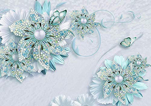 Papel tapiz fotográfico Flores de color turquesa Flores, murales de pared, mural, papel tapiz con motivos, papel tapiz de seda, mariposa, joyería, efecto 3D-300x210 CM