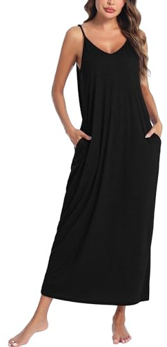 Marvmys Womens Long Sleeveless Nightgowns Cotton Maxi Lounge Gown Spaghetti Strap Nightshirts with Pockets Black