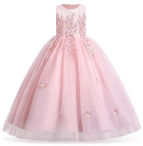 Flower Girls Dress Floral Embroidered Lace Sleeveless Tulle Wedding Bridesmaid Birthday Formal Party Long Tutu Kids Princess Pageant First Communion Evening Prom Ball Gown Shrimp Pink 7-8 Years