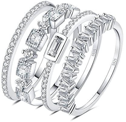 JewelryPalace 1ct Eternità Anello Solitario Donna Argento 925 con Zirconia Cubica, 4 Anelli Impilabili, Pietra a Taglio Smeraldo, Fedi Nuziali