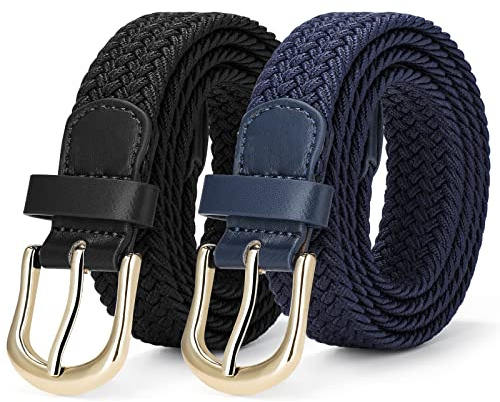 SUOSDEY 2 Pack Women Braided Stretch Elastic Belt with Pin Buckle Woven Belt for Women Girls