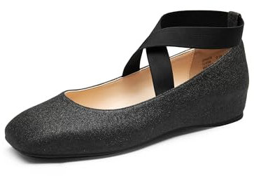 DREAM PAIRS Women Flats wtih Comfortable Fashion Elastic Ankle Cross Strap Ballet Pumps Dolly Shoes SDFA2401W Black-Glitter Size 8 UK/10 US