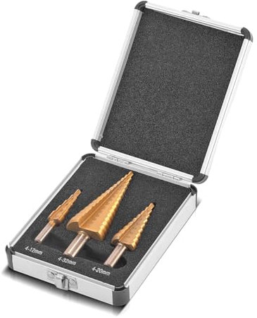 STAHLWERK HSS Stufenbohrer 3er Set TiN-Beschichtung 4-12 | 4-20 | 4-32 mm titanbeschichtete Metallbohrer | Kegelbohrer | Senkbohrer | Schälbohrer | Konus-Bohrer | Bohrer-Satz mit Aluminium-Box