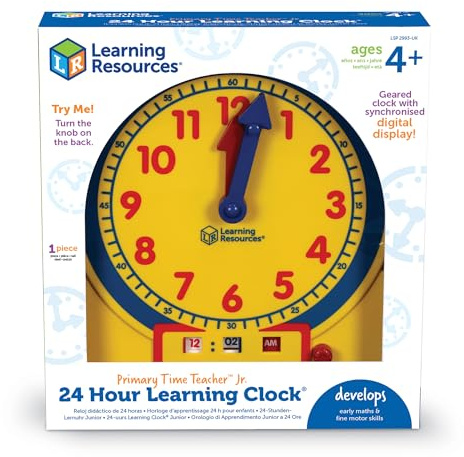 Learning Resources Primary Time Teacher Junior 24-Hour Learning Clock, Kids Learning to Tell the Time, Telling the Time Clock, Analogue and Digital Learning Clock, LSP2993-UK