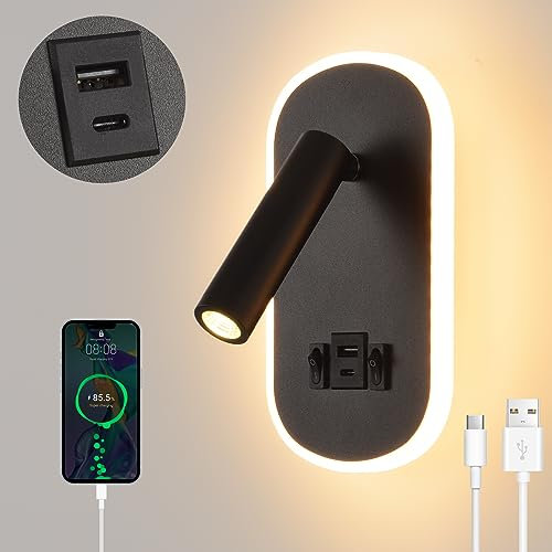 KUKAK LED leselampe,wandlampe mit schalter,USB + TYPE C Ladeanschluss Wandleuchte,3W 3000K+9W 6000K Beleuchtung wand Leselicht,Schwenkbar Bettlampe,Lampe innen,Schlafzimmer Hotels Nachttischlampe