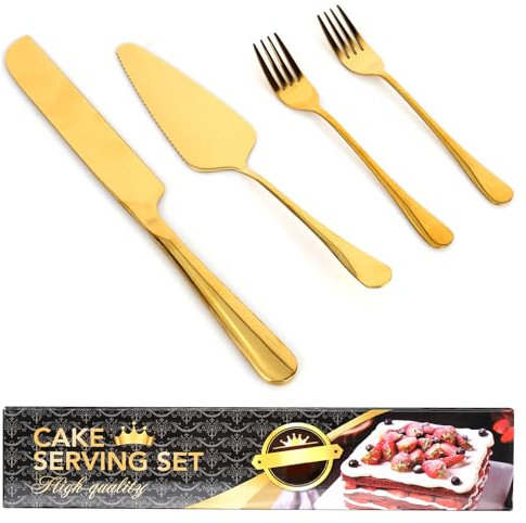 RUCUDIM Gold Kuchenbesteck Set, Edelstahl Kuchenmesser und Tortenheber 4 Stück,Hochzeits Tortenmesser und Server Set für Hochzeit, Geburtstag, Partys, Jubiläum