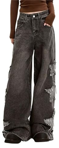 Lafaguw Joli jean pour femme et fille - Patchwork - Taille haute - Coupe droite - Style décontracté